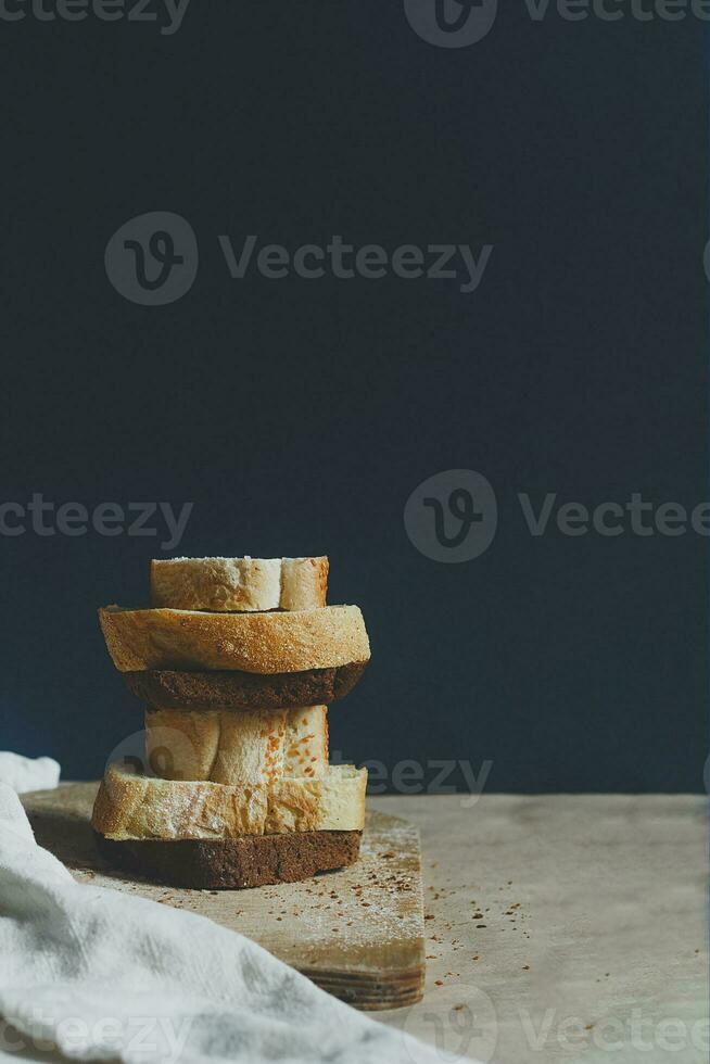 Food concept. Bread sliced. Top view. Free space for text photo