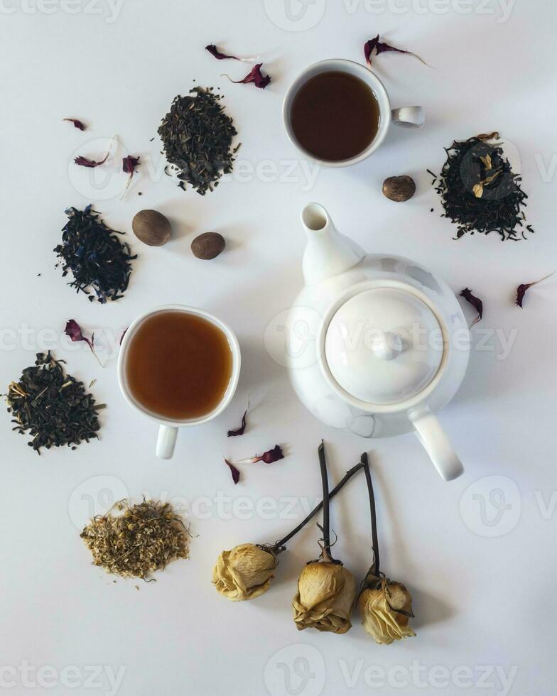 Tea set with white ceramic tea pot, dried rose flowers and other tea ingredients on the white. Flat lay view of various dried teas and teapot. View from above. Space for your text photo