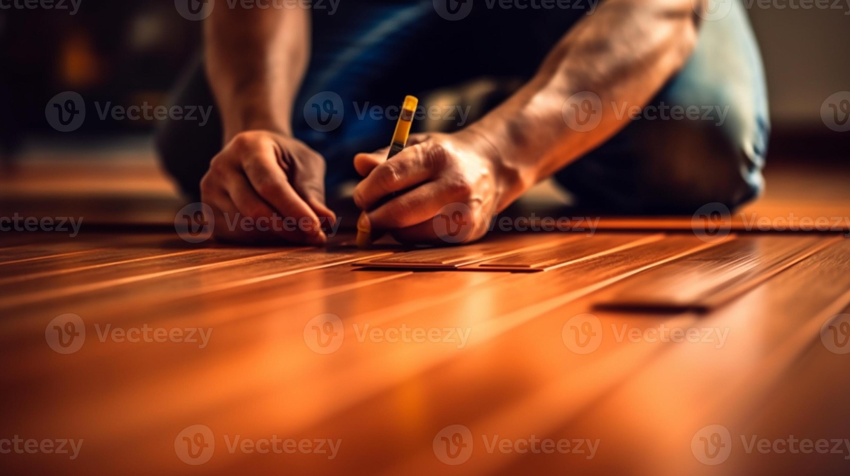 Male worker cuts the laminate Board with an electrofret saw installing