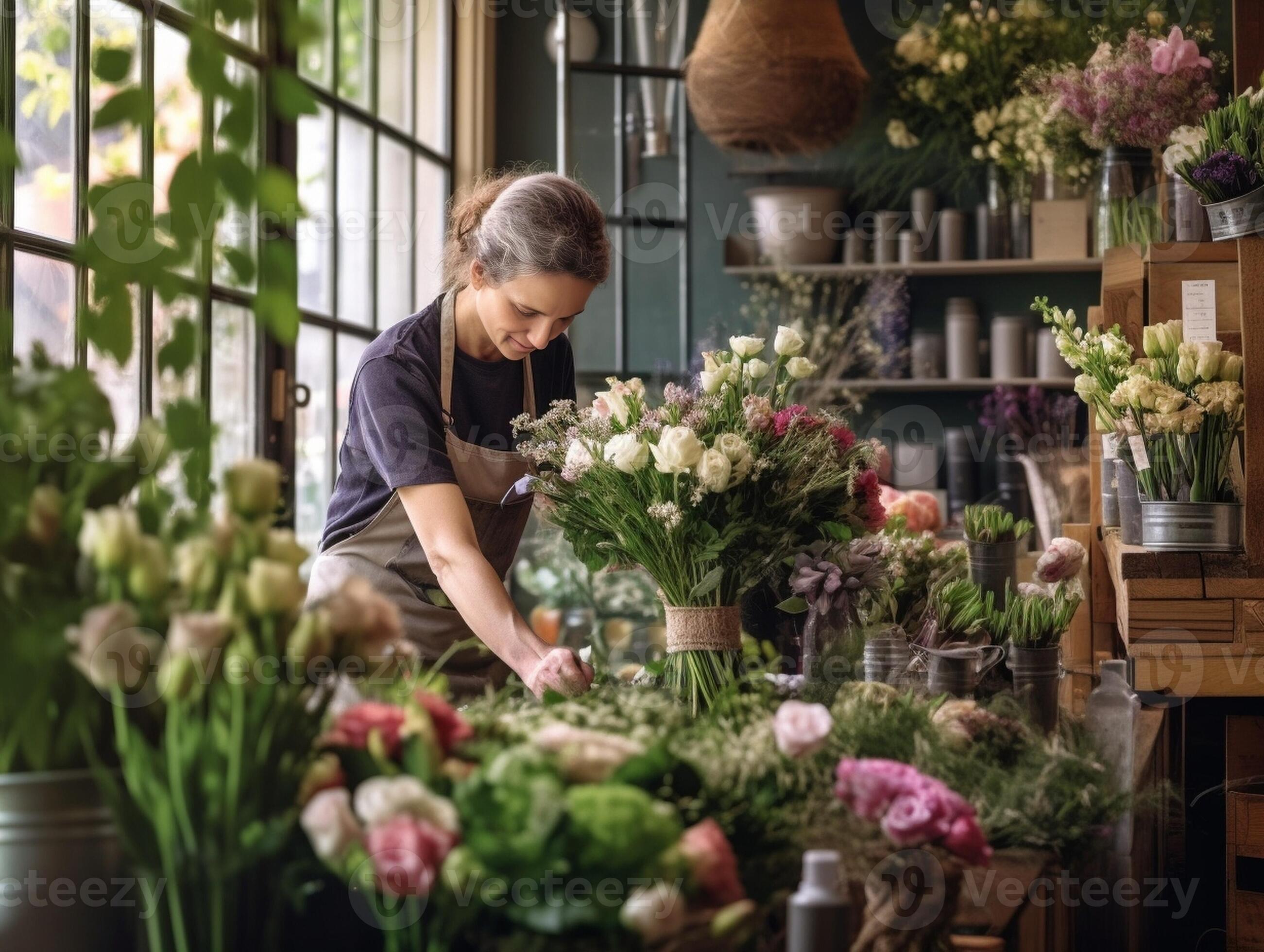 Male florist creating beautiful bouquet in flower shop outdoor working
