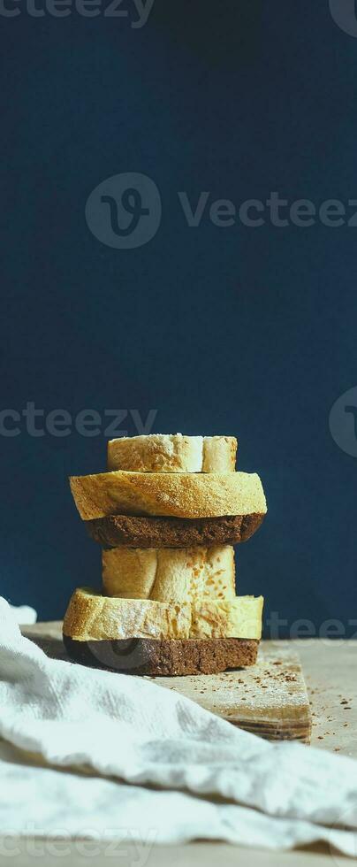 Food concept. Bread sliced. Top view. Free space for text photo