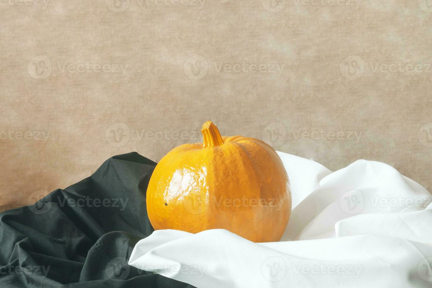 Big Halloween pumpkin on black and white textile background photo