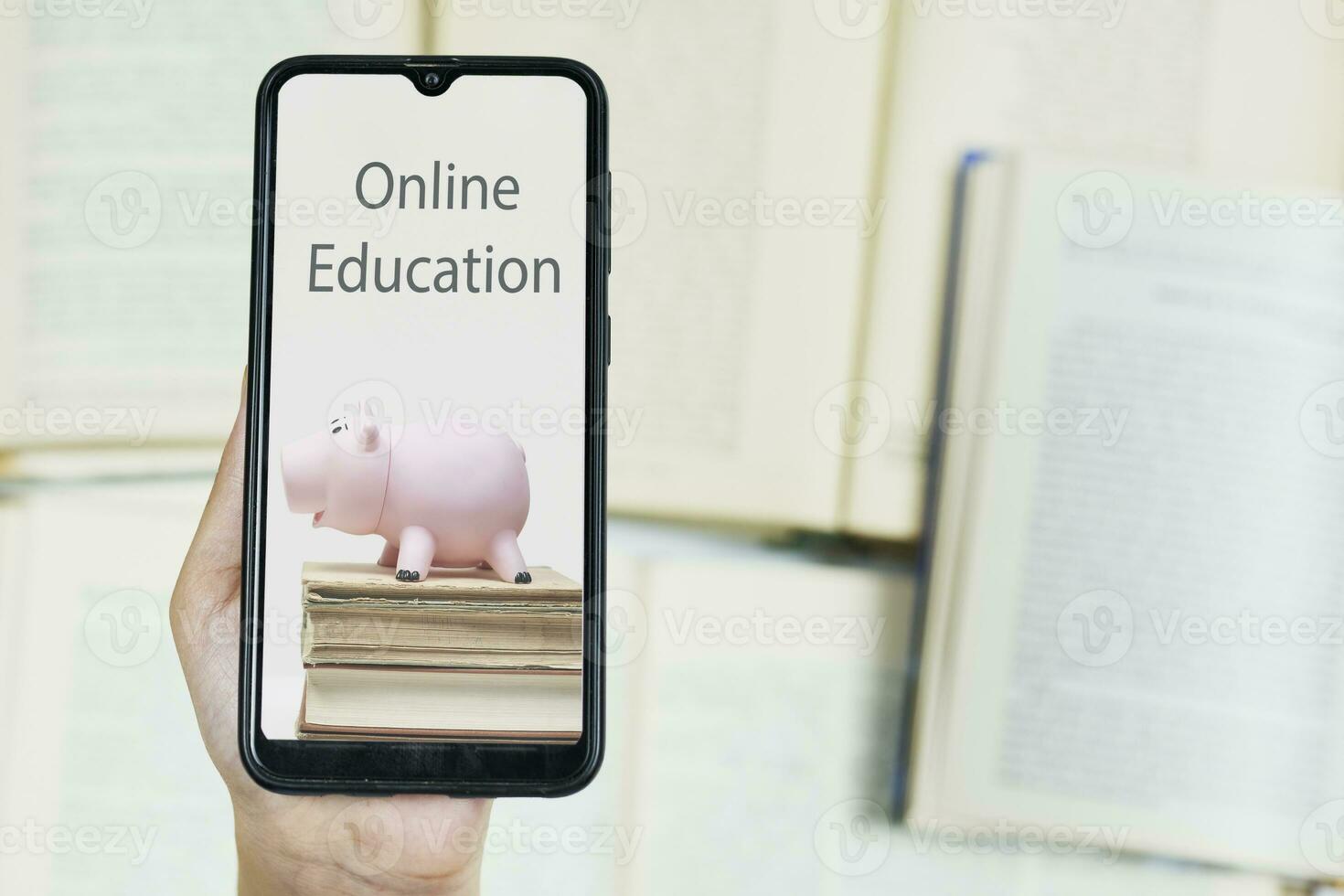 Cost of online education. Person hold smartphone with image of piggy bank and books photo