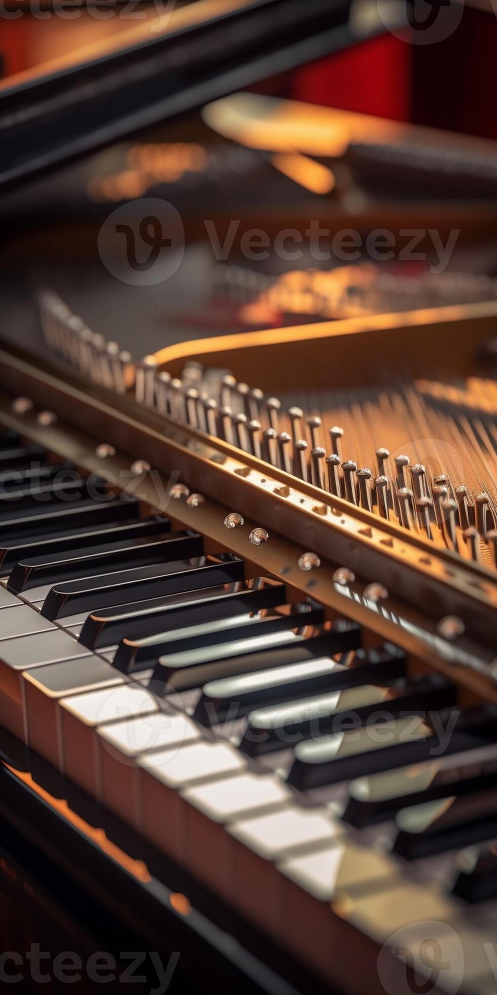 Strings inside a red grand piano Piano playing dampers felt hammers bronze strings and metal