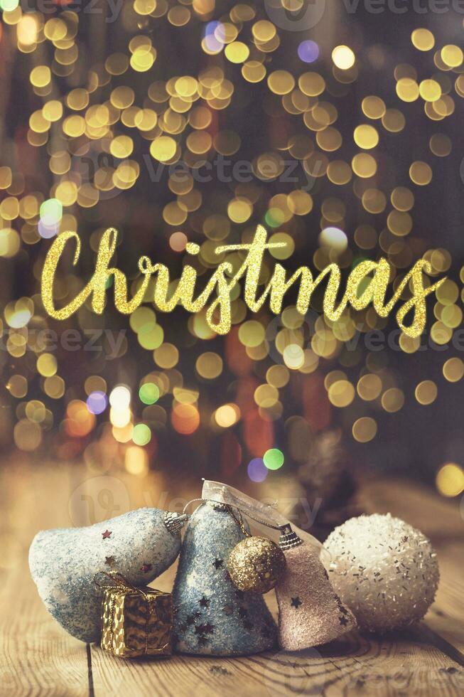 Christmas decor with bright bokeh lights. Magic Winter at Christmas Time photo