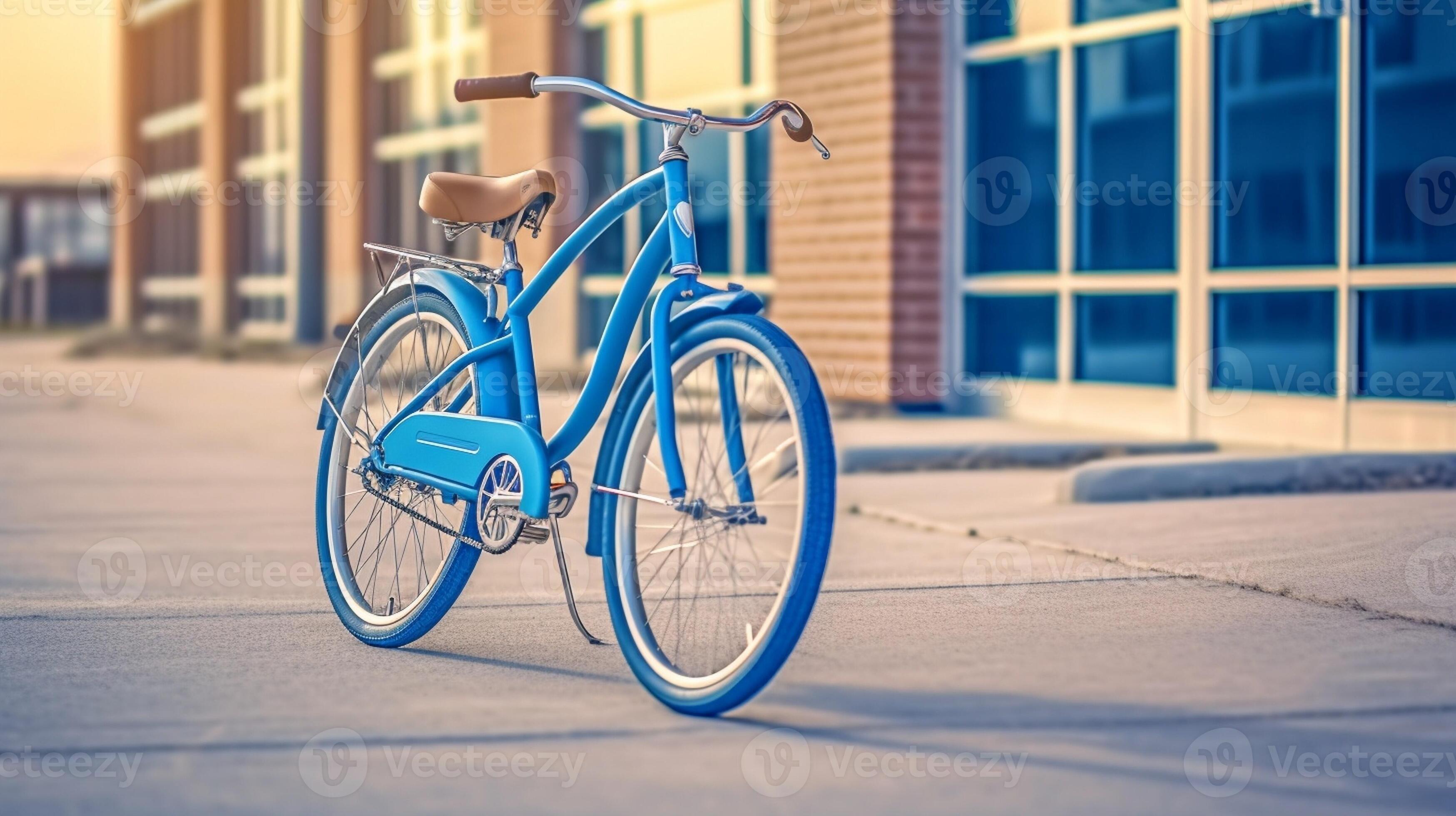 blue bicycle stand on lock at grunge metal fence european street modern