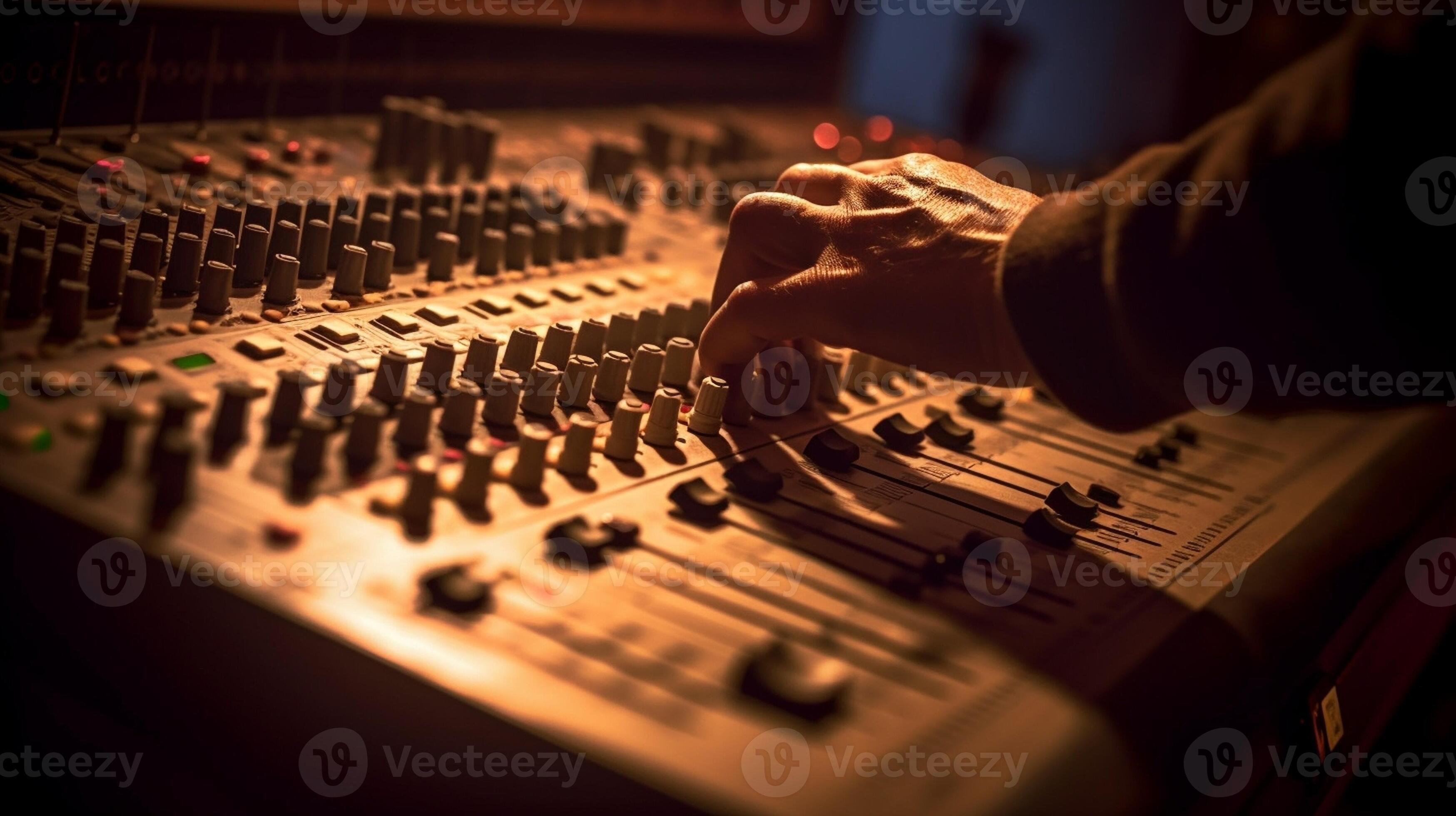 control Fader Mixing console of light equipment operator at the concert