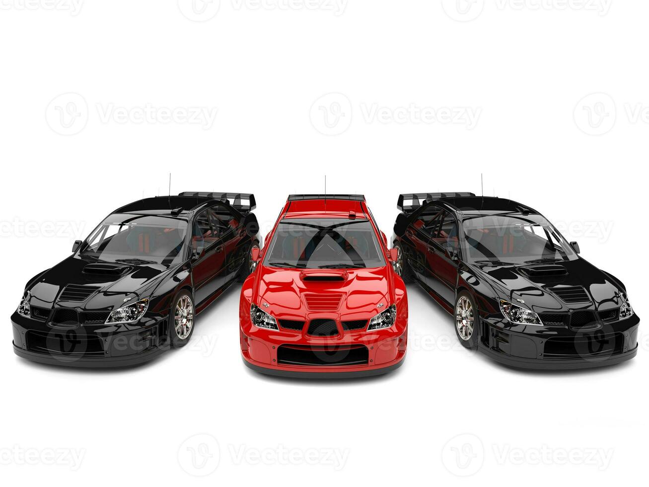 Raging red GT race car in between black race cars photo