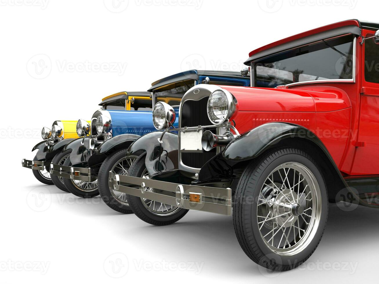 Row of beautiful 1920s vintage cars - focus on red car - 3D Illustration photo