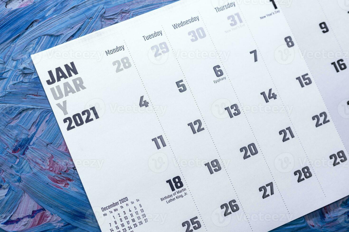 January 2021 calendar. Monthly calendar photo