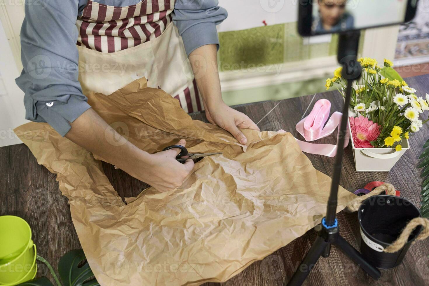 Multiracial florist blogger live streaming online photo