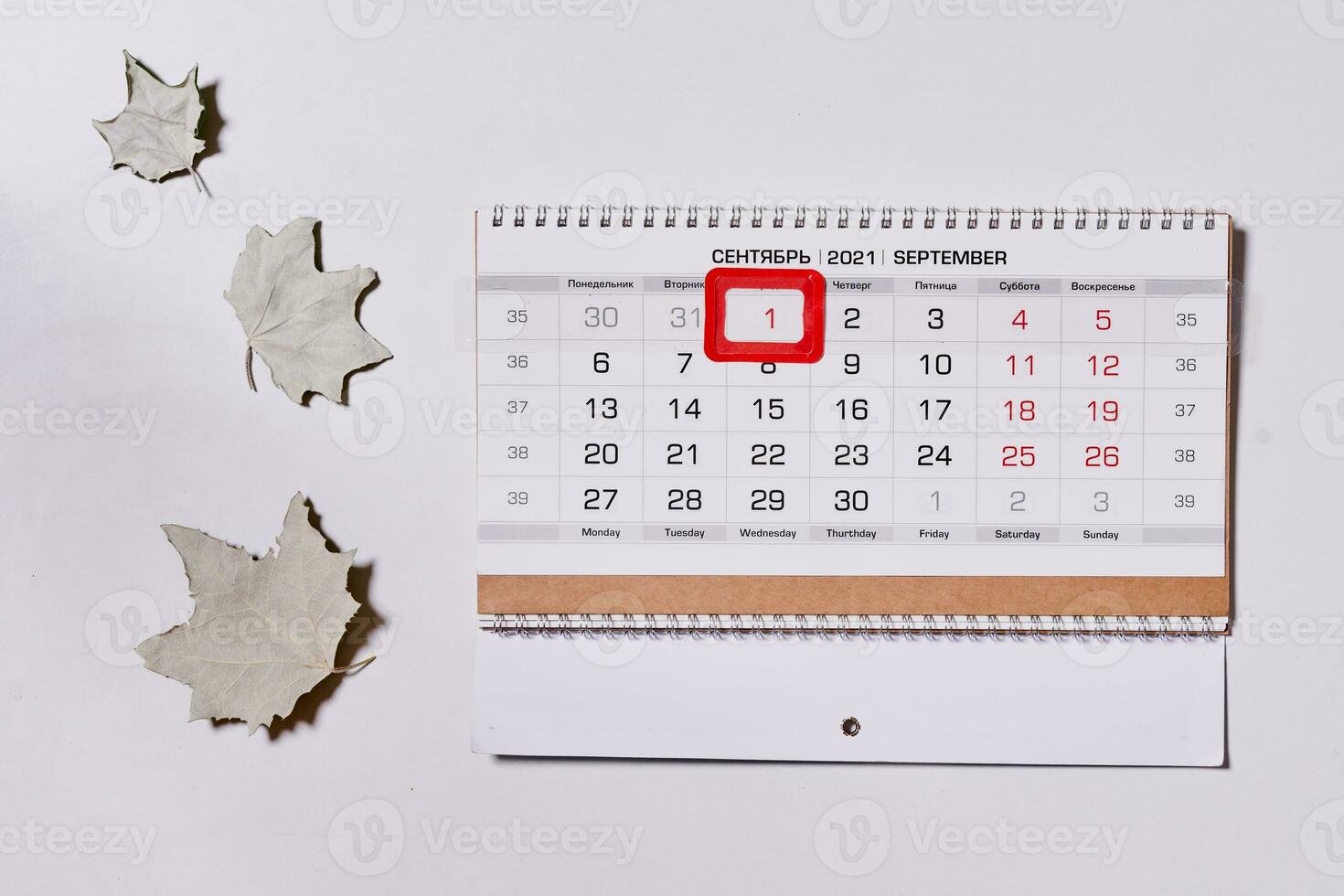 September 2021 monthly calendar and fall leaves photo