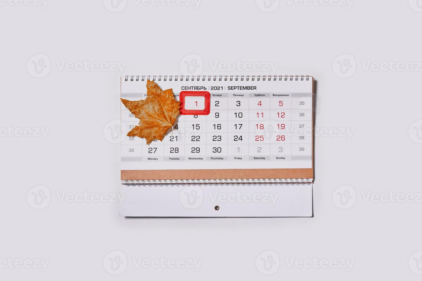 September 2021 monthly calendar and fall leaves photo