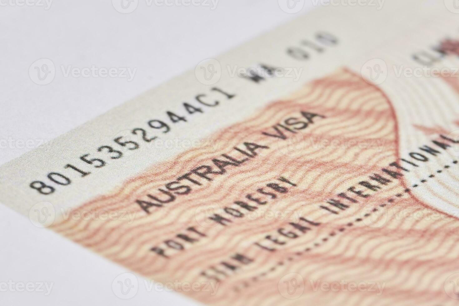 Australian visa in passport. Close-up view photo