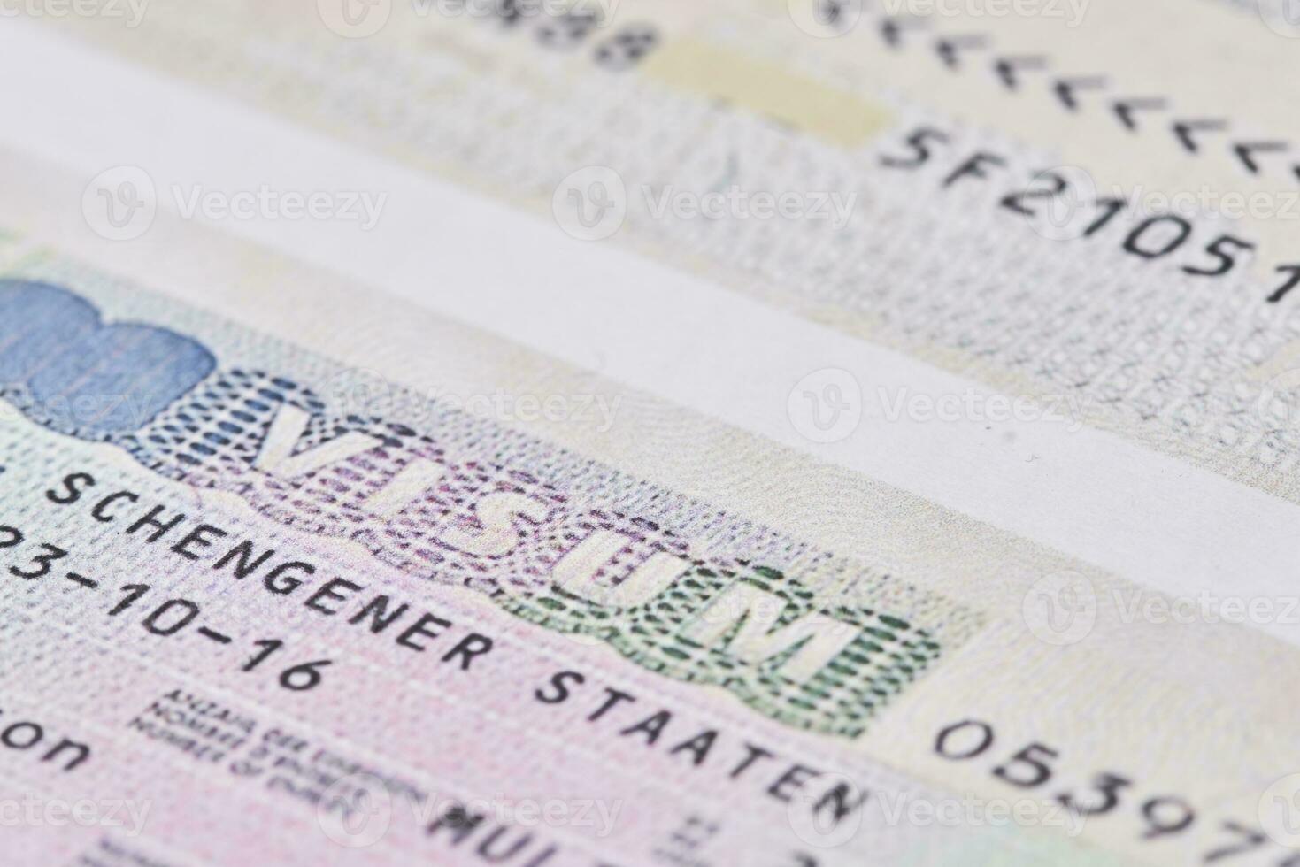 Schengen visa in passport. Close-up photo