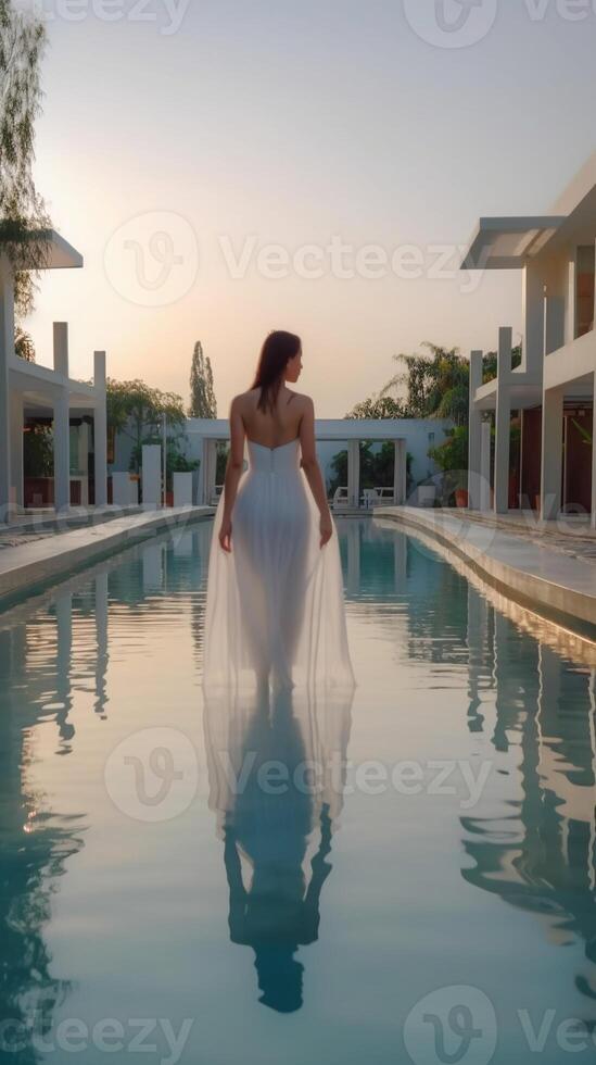 A beautiful pregnant woman in a white dress hugs her pregnant