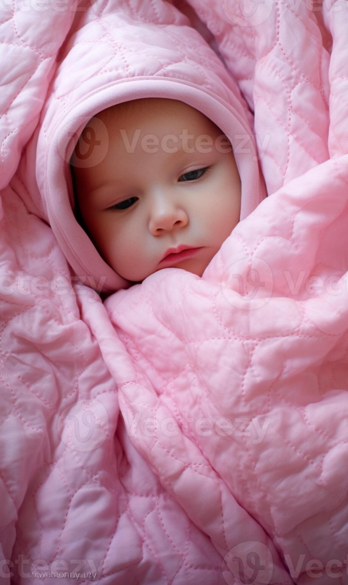 A cute little baby girl is staring up and is hiding under a pink sheet