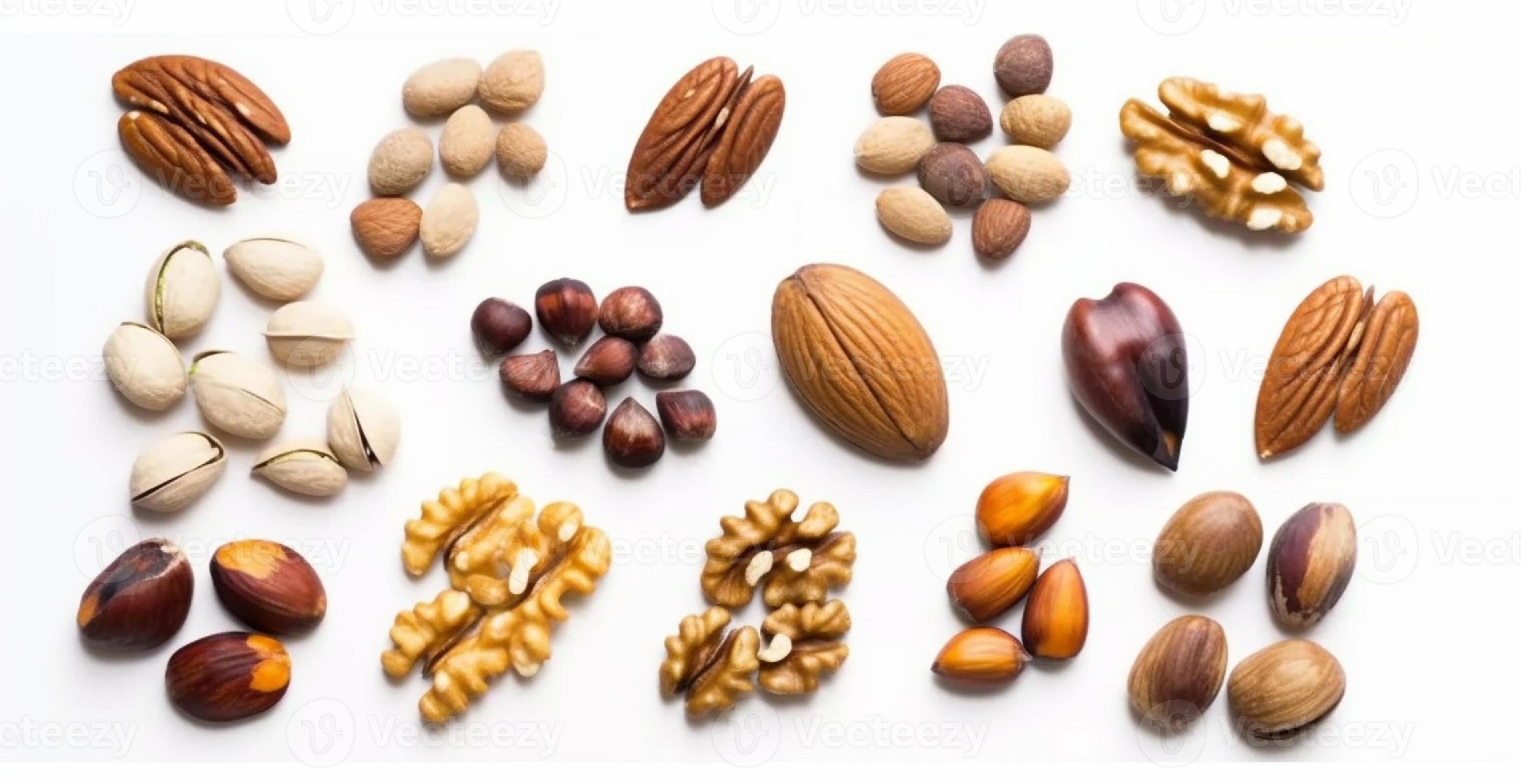 Almonds walnuts and hazelnuts on white background, Generative AI