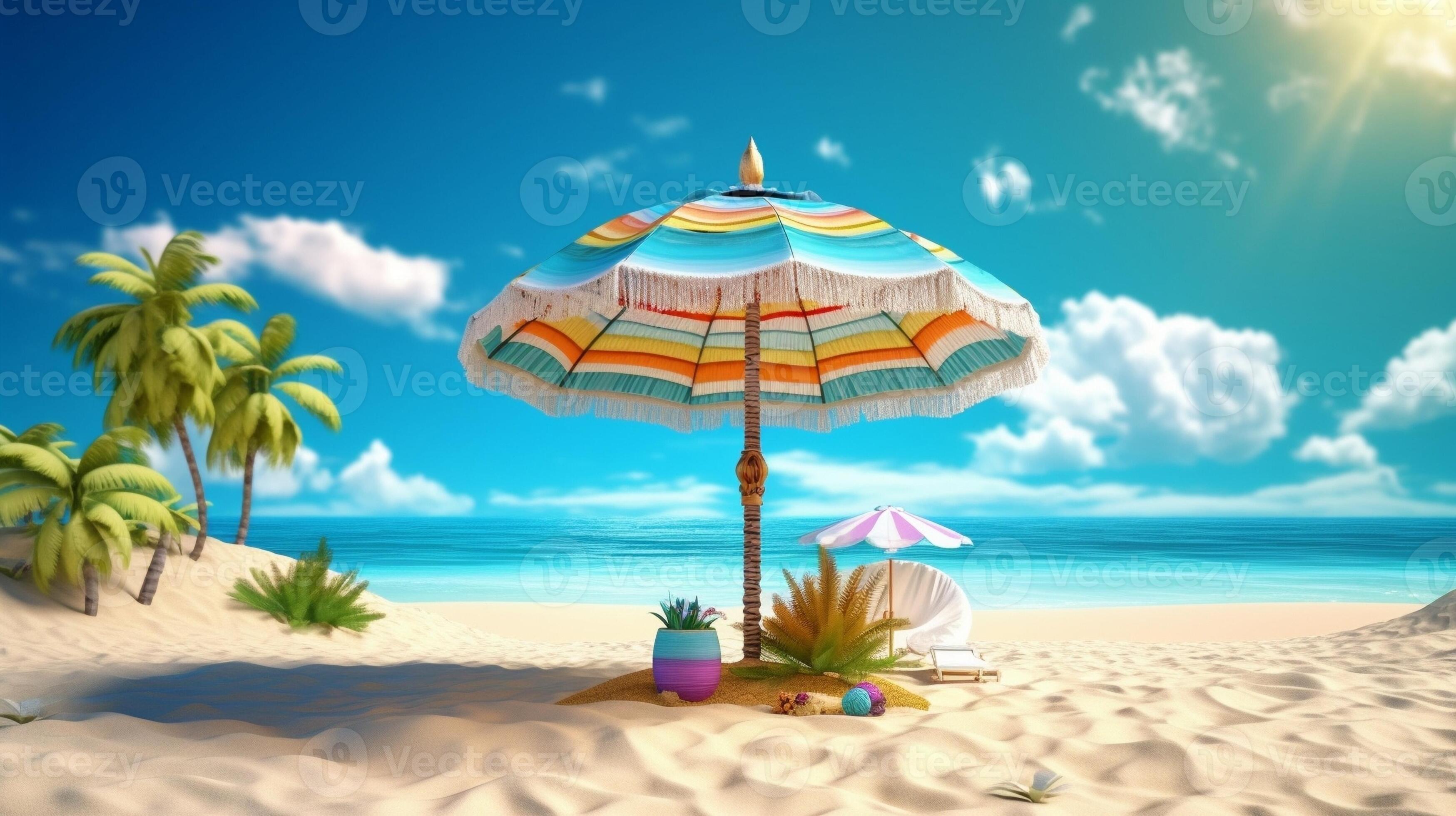 Beach with straw umbrellas on a beautiful tropical beach, Generative AI