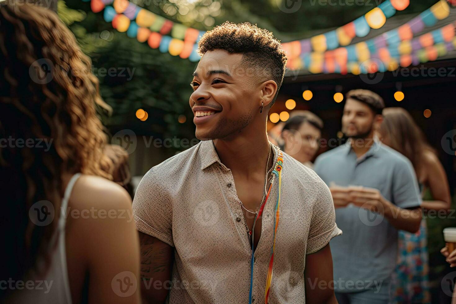 Young man smiling at a lively patio party. Generative Ai photo