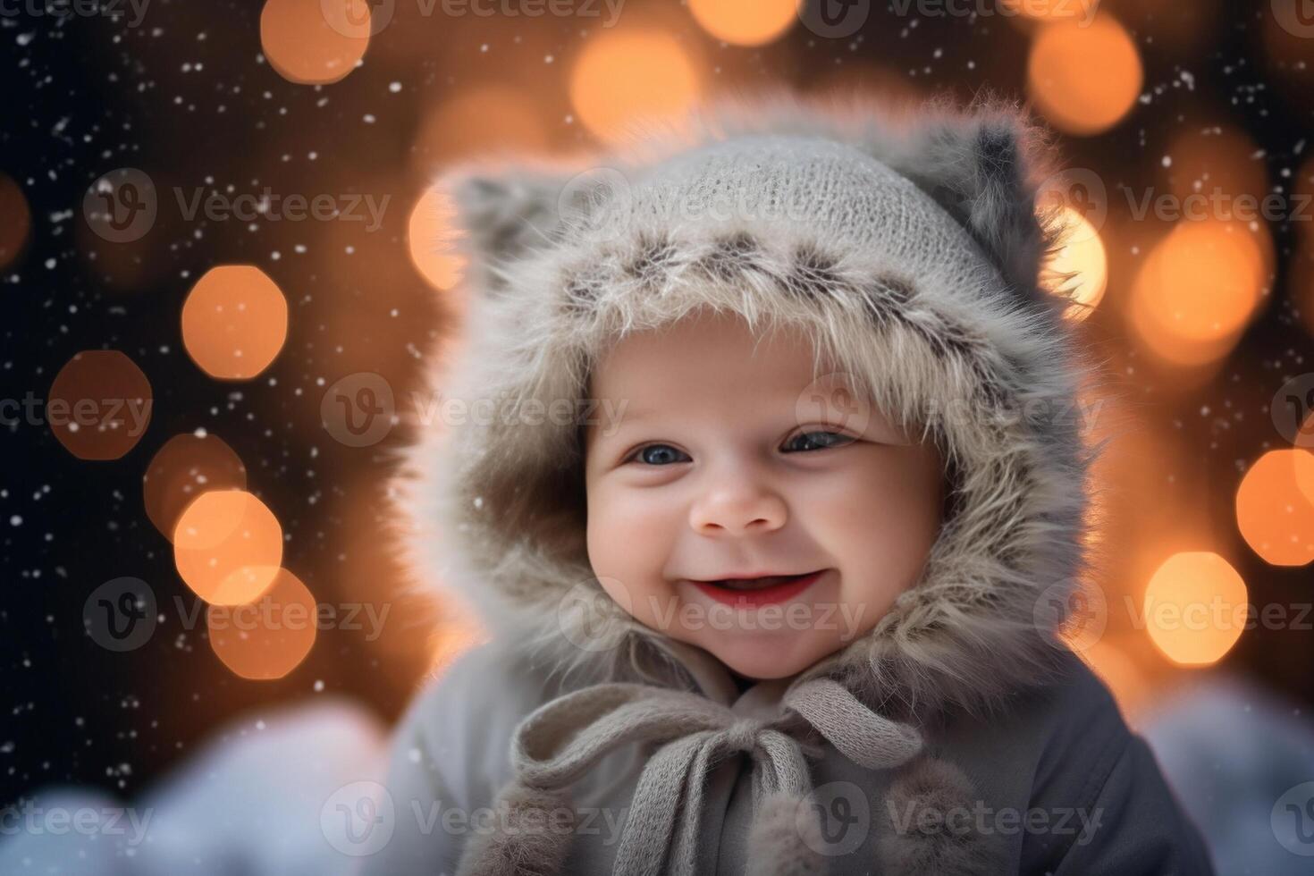 Cute baby girl in winter hat and jacket smiling and looking to the