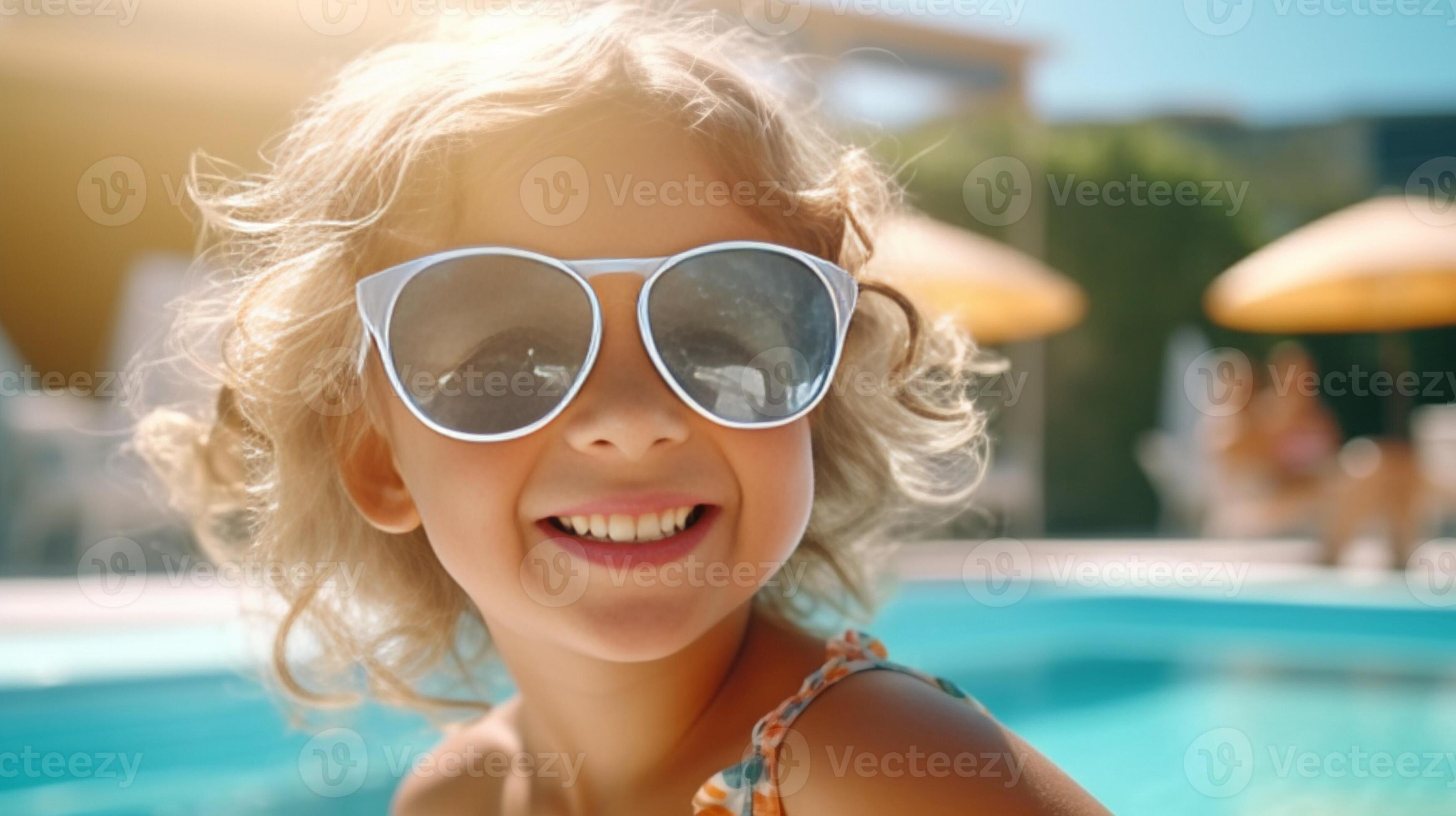 Little blonde girl with blue eyes in yellow swimming diving glasses