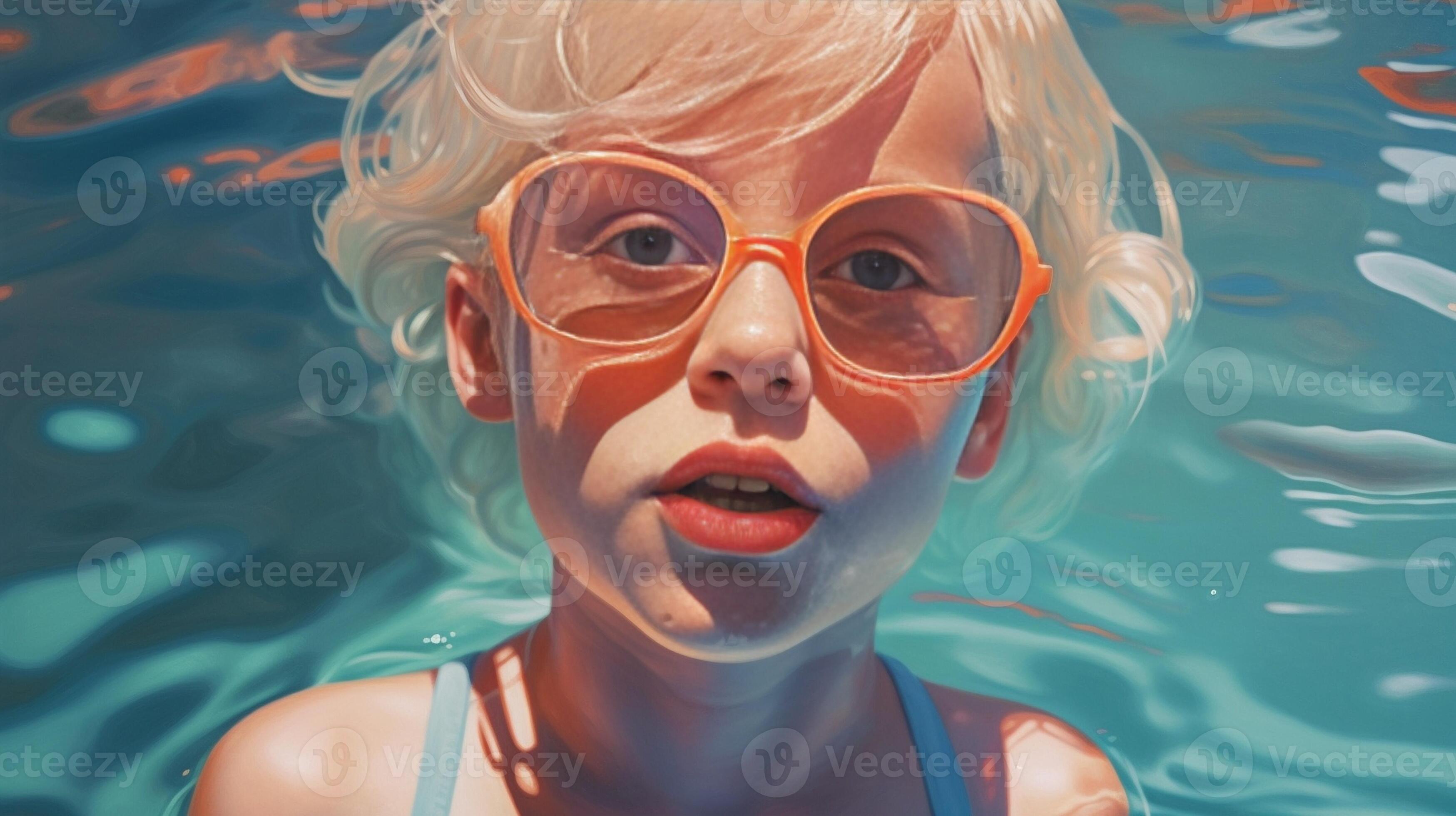 Little blonde girl with blue eyes in yellow swimming diving glasses