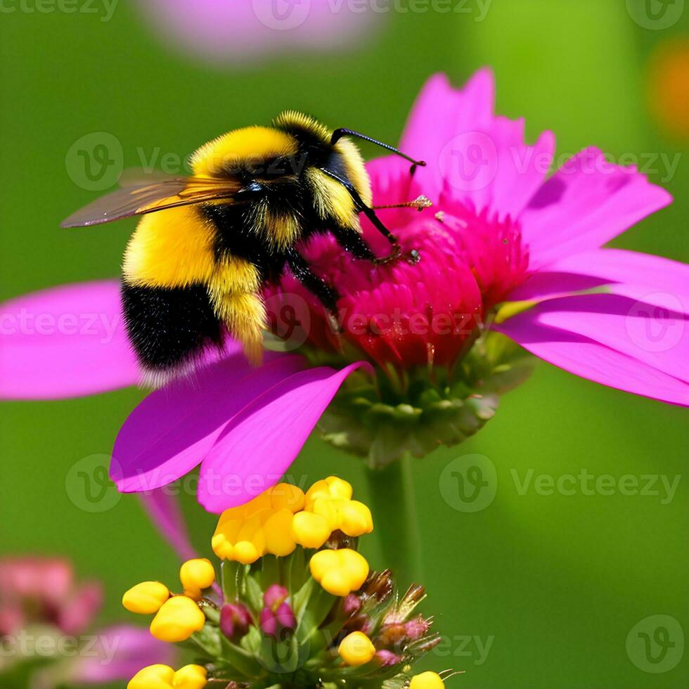 A bumblebee collects nectar on bright flowers. The image was created using generative AI. photo