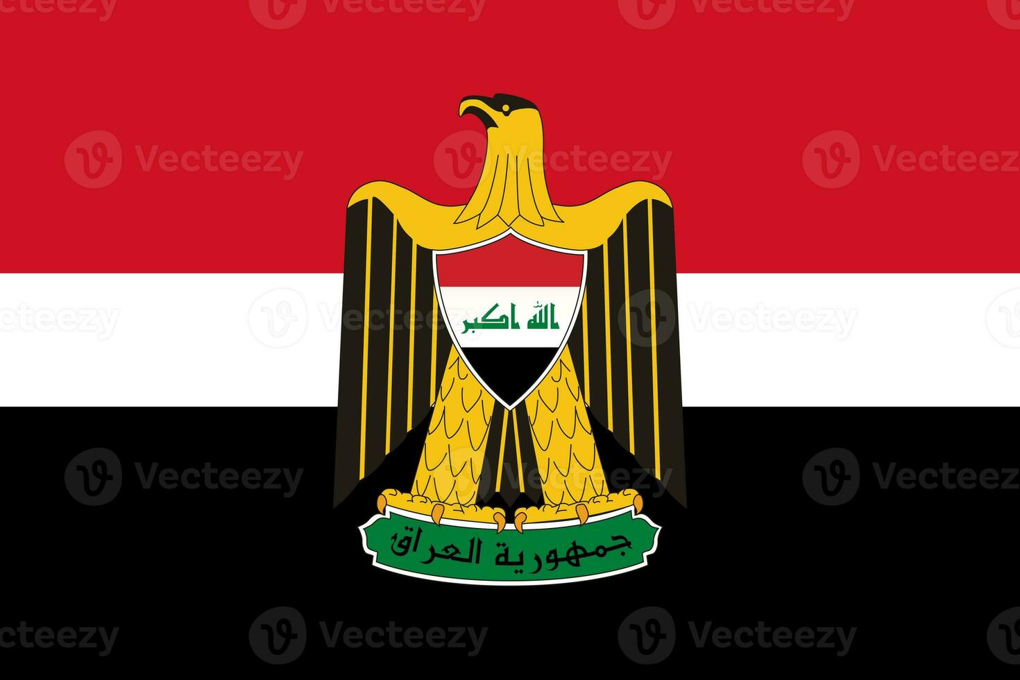 The official current flag and coat of arms of Republic of Iraq. Flag of Iraq. Illustration. photo