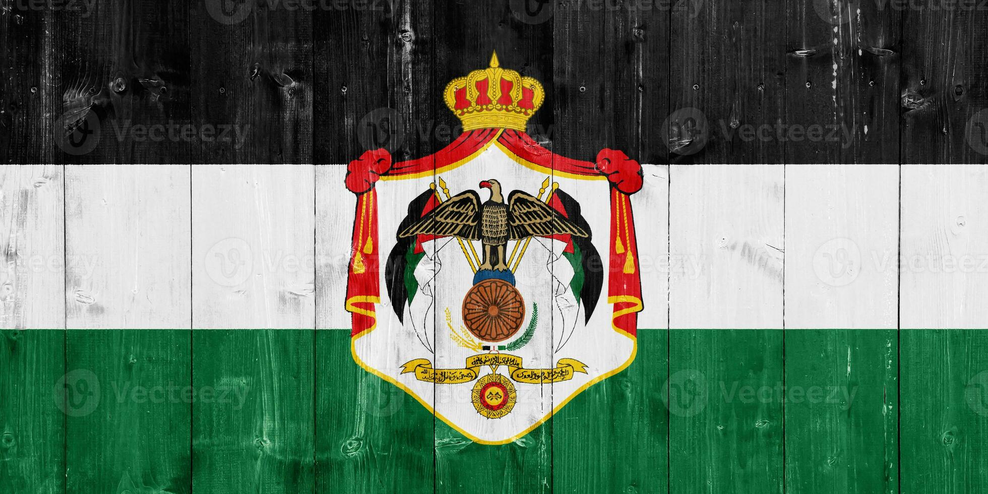 Flag and coat of arms of Hashemite Kingdom of Jordan on a textured background. Concept collage. photo