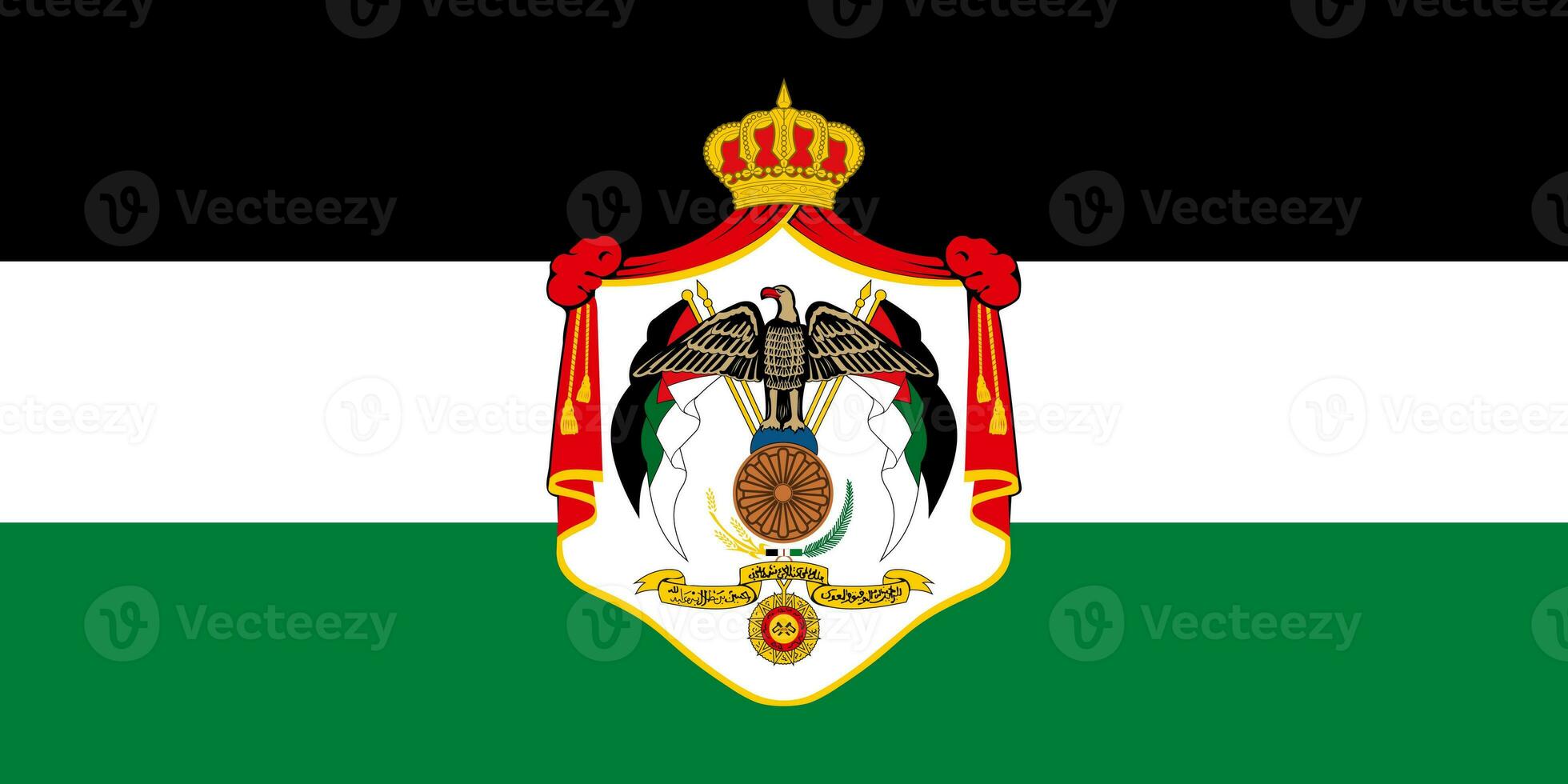 The official current flag and coat of arms of Hashemite Kingdom of Jordan. Flag of Jordan. Illustration. photo