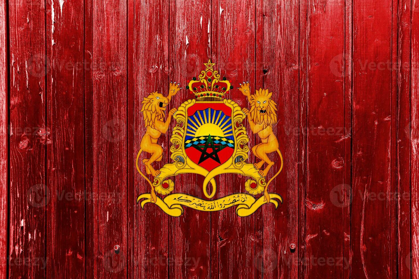 Flag and coat of arms of Kingdom of Morocco on a textured background. Concept collage. photo