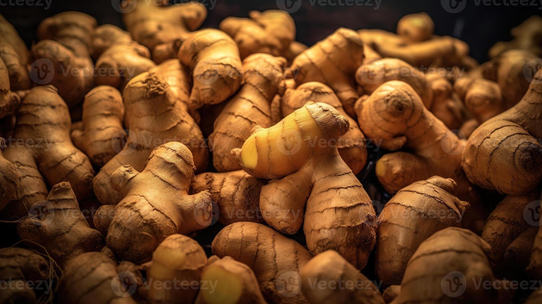 Realistic photo of a bunch of ginger. top view vegetables scenery. AI Generated