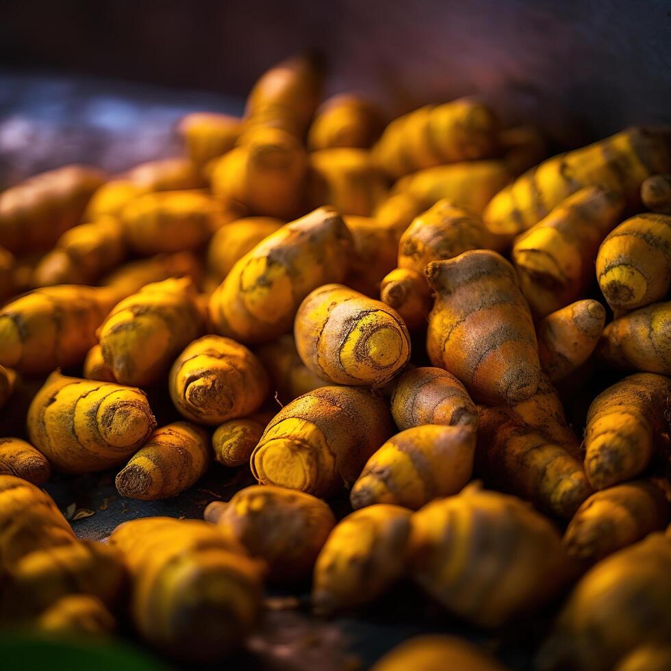 Realistic photo of a bunch of turmeric. top view vegetables scenery.