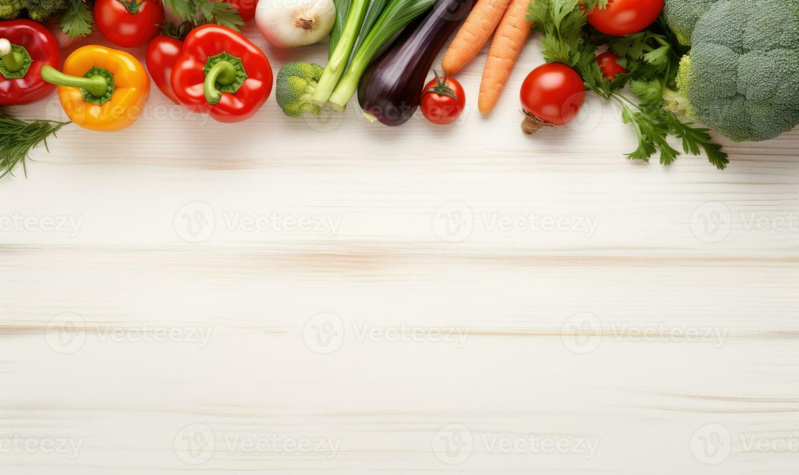 Top view vegetables on light wood background. Copy space. Vegetarian organic food banner. Created by AI tools photo