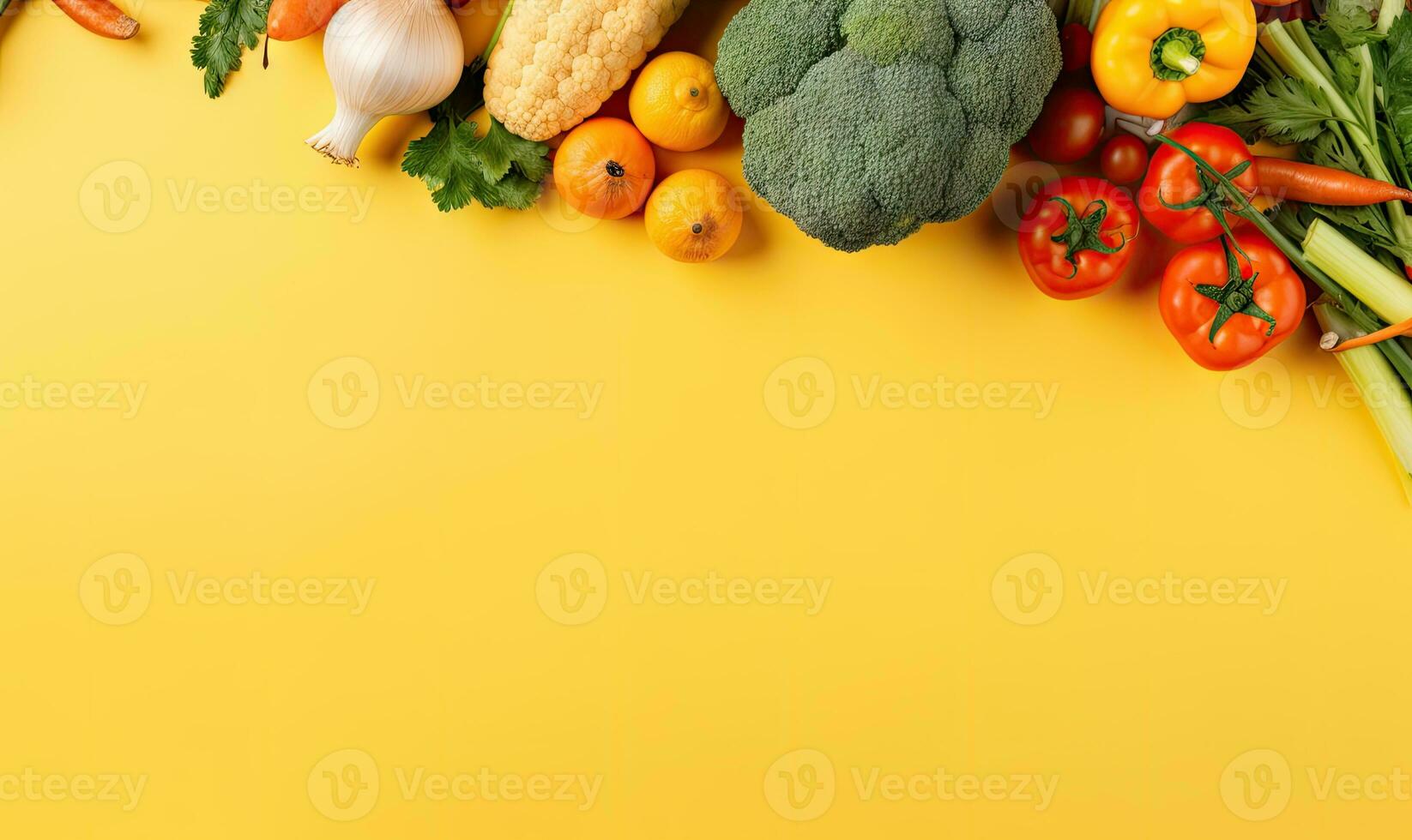 Fresh vegetables on yellow background. Top view. Copy space. Created by AI tools photo