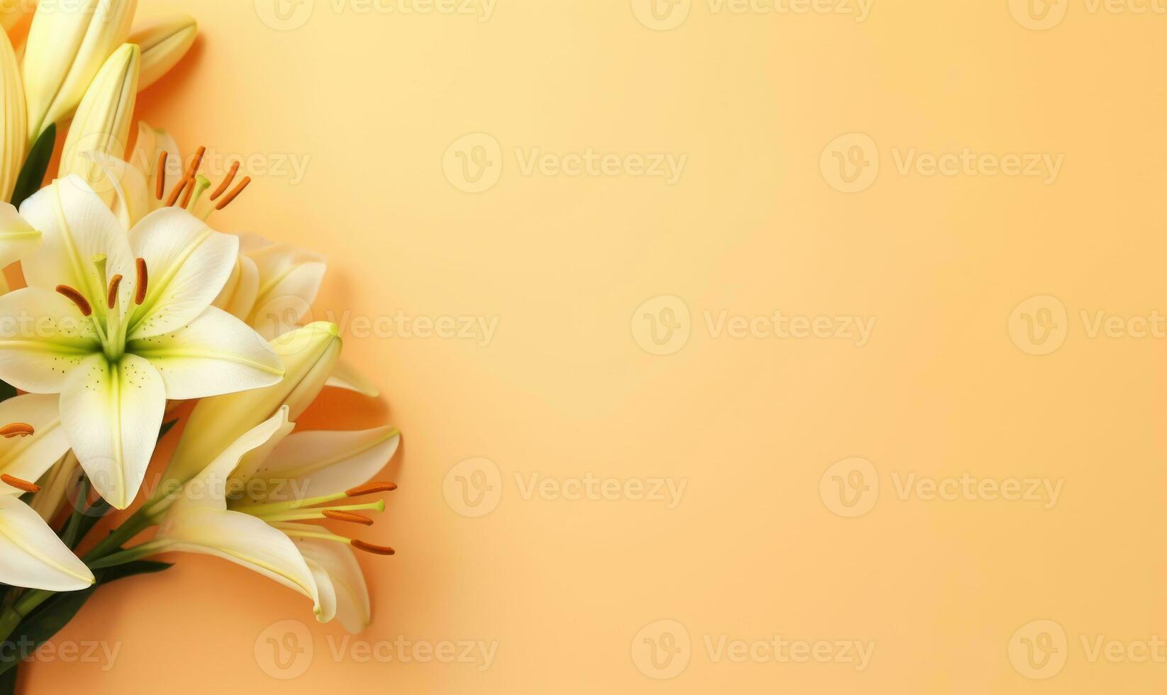 A lily bouquet on a bright yellow background. Empty copyspace. Created by AI tools photo