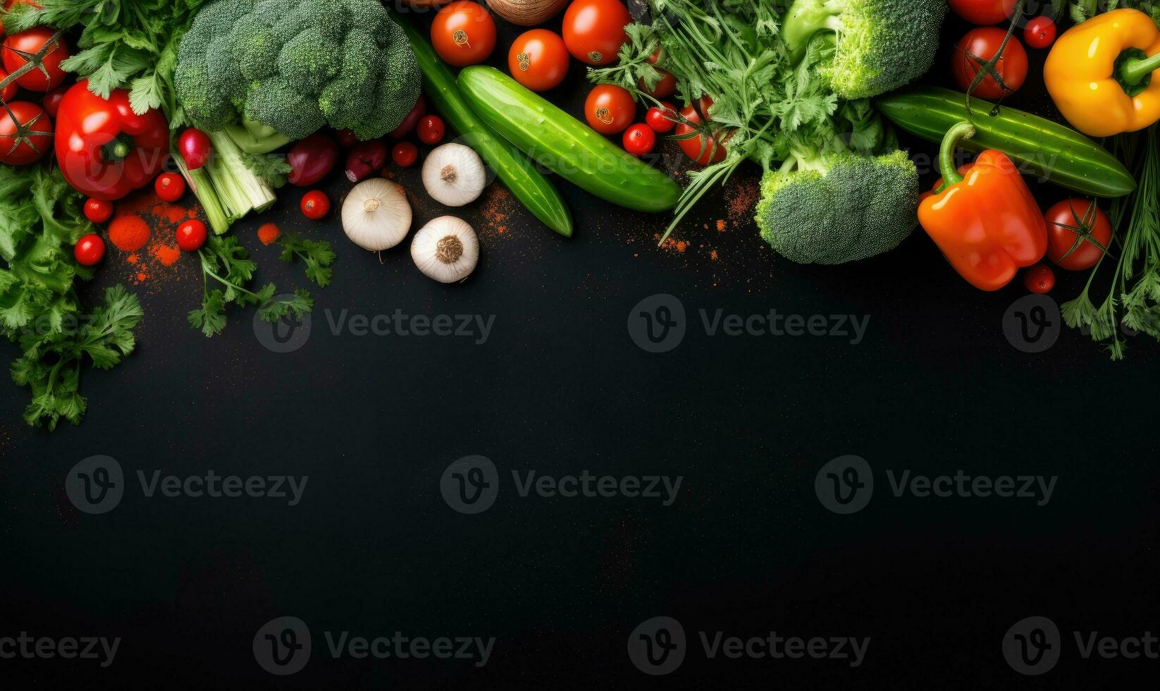Top view vegetables on black background. Vegetarian organic food banner. Created by AI tools photo