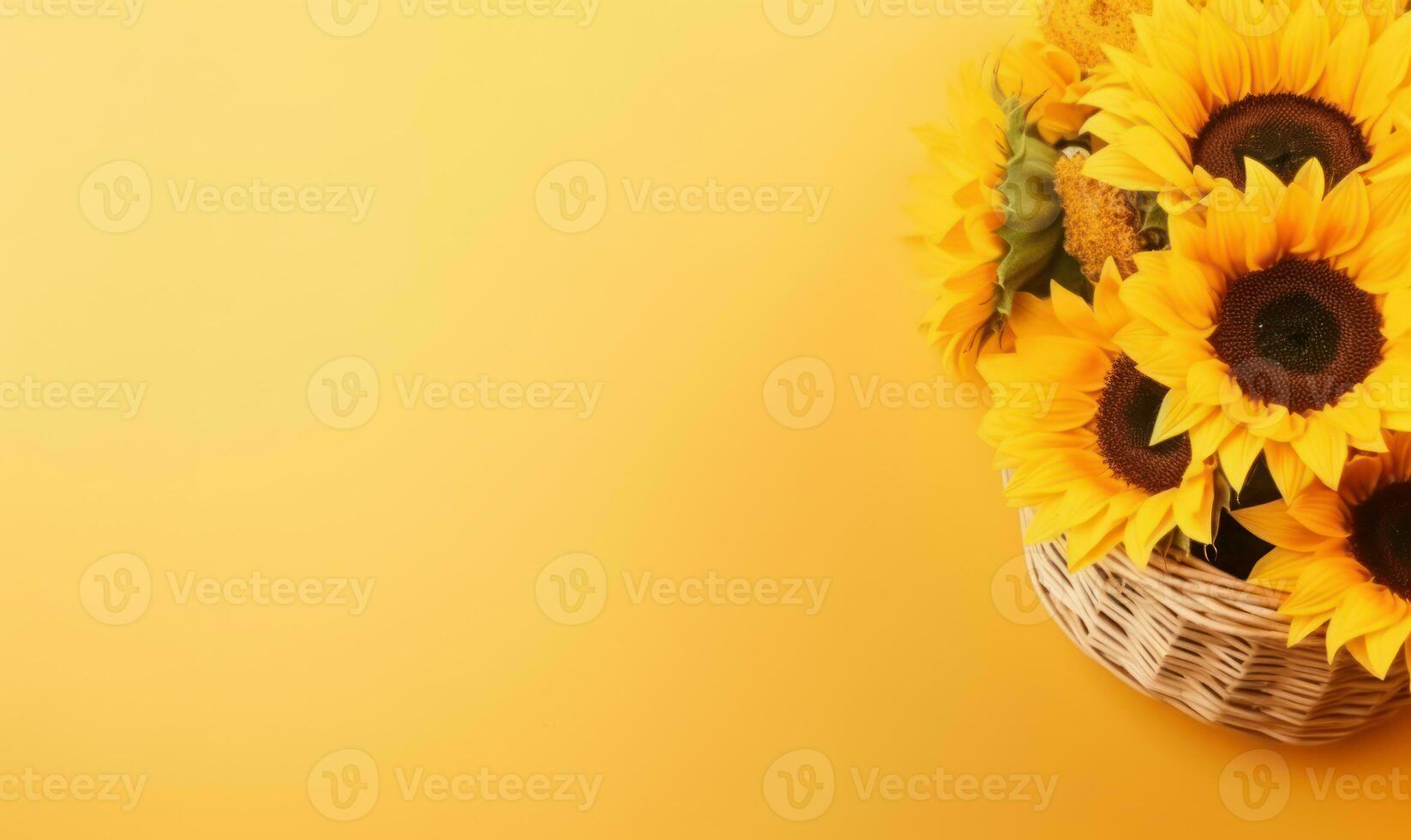 A bright bouquet of sunflowers in a straw vase on a yellow background. Created by generative AI photo