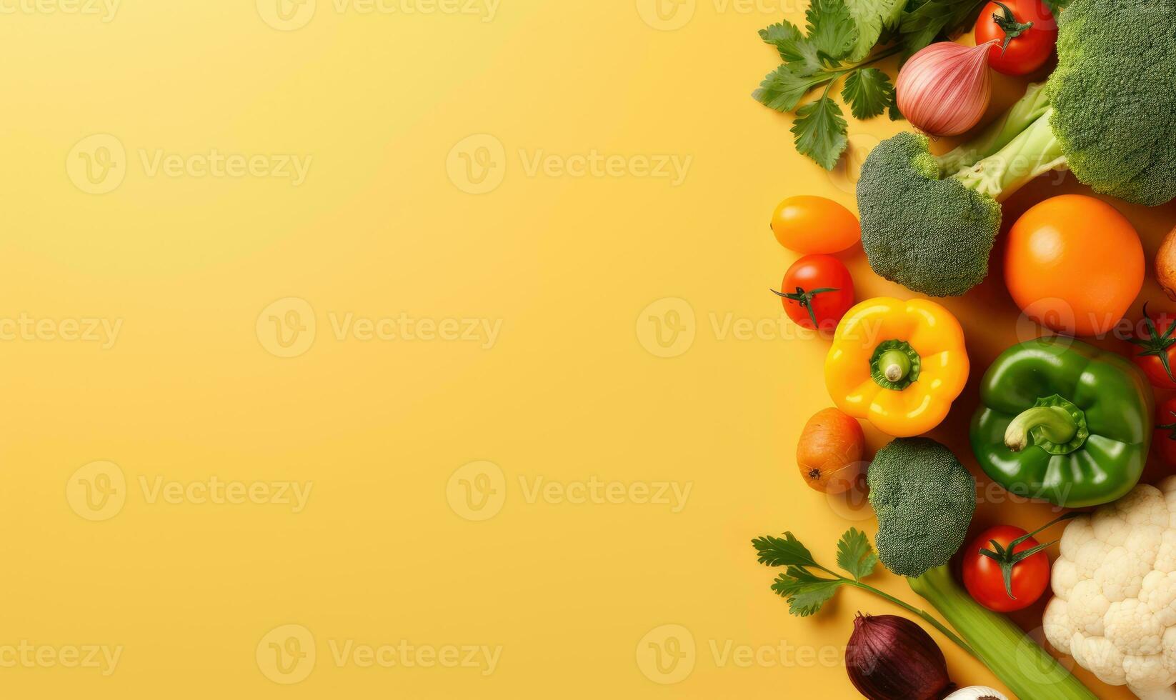 Fresh vegetables on yellow background. Top view. Copy space. Created by AI tools photo