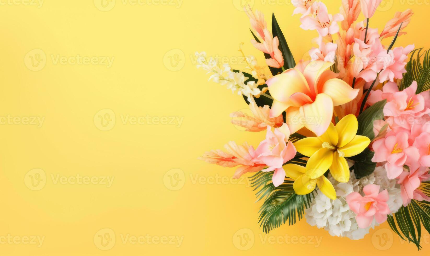 A lily bouquet on a bright yellow background. Empty copyspace. Created by AI tools photo