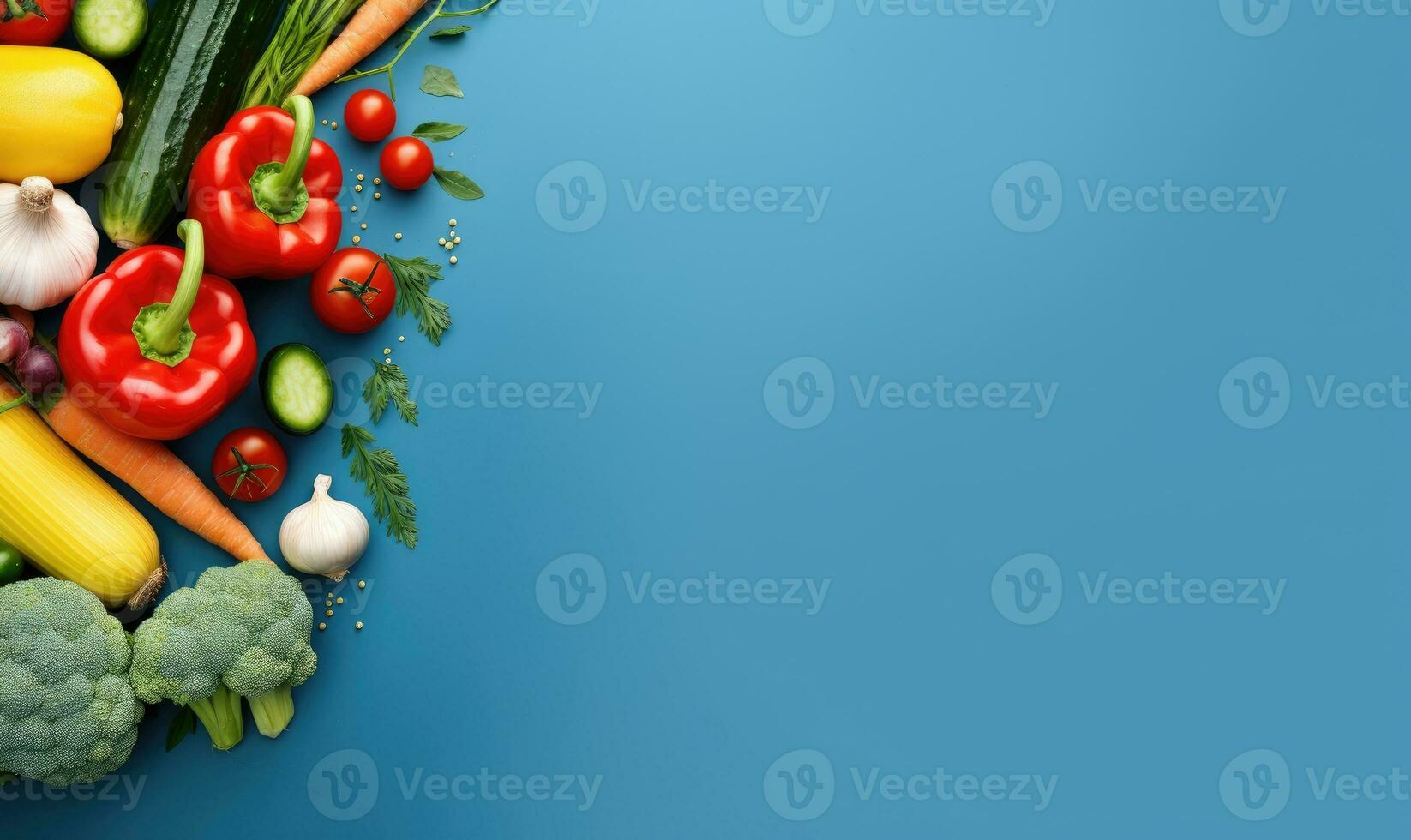 Top view vegetables on deep blue background. Vegetarian organic food banner. Created by AI tools photo