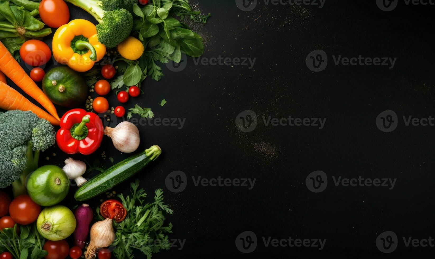 Top view vegetables on black background. Vegetarian organic food banner. Created by AI tools photo