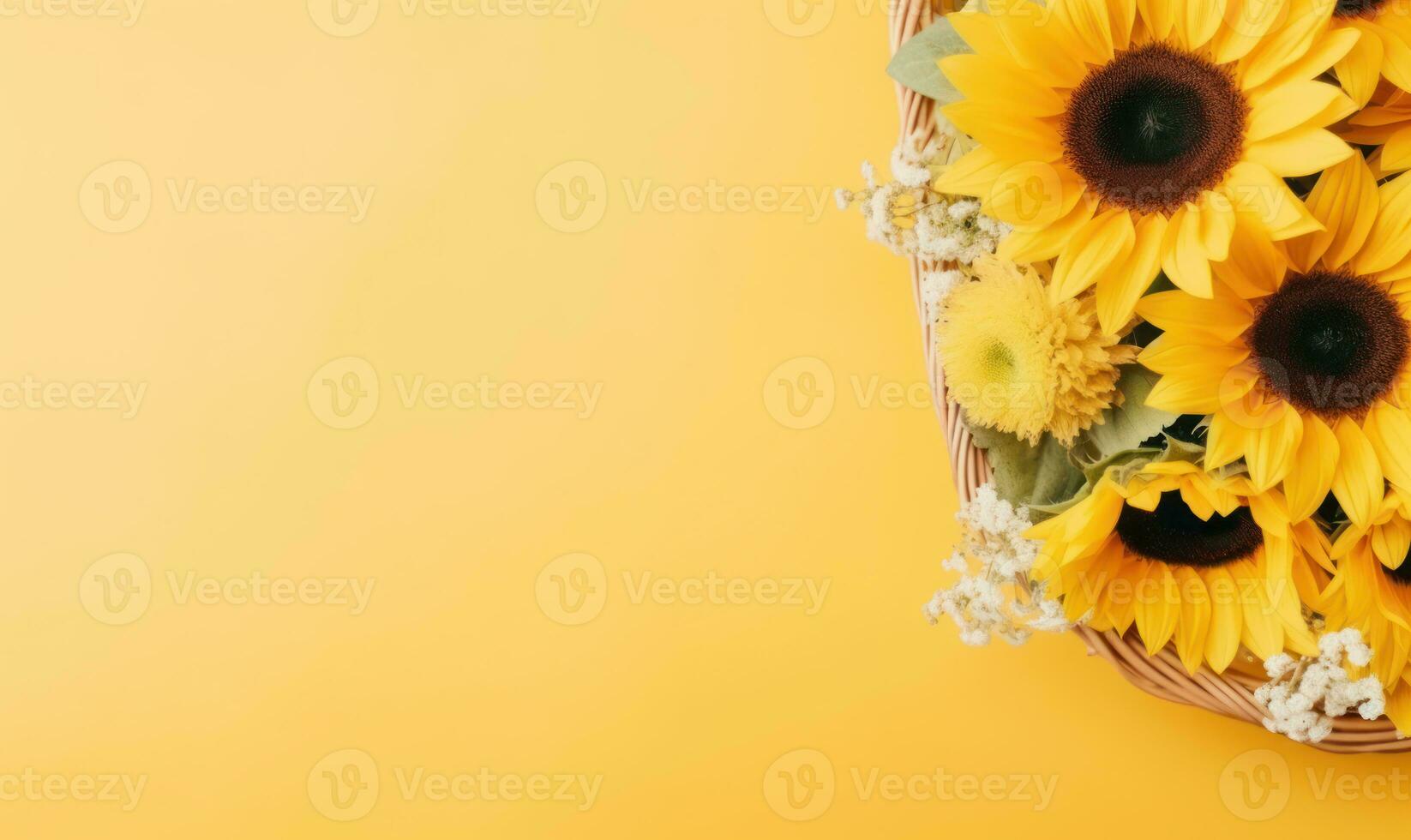 A bright bouquet of sunflowers in a straw vase on a yellow background. Created by generative AI photo