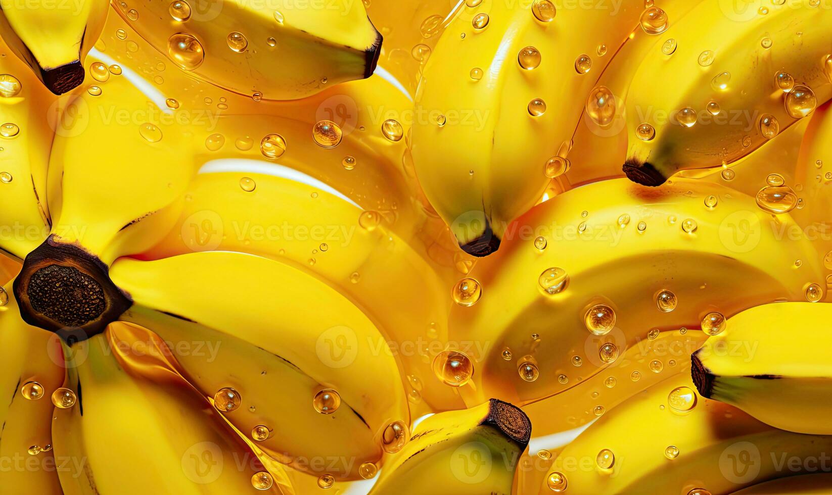 Ripe bunch bananas with glistening droplets on a vibrant yellow backdrop. Created by AI photo