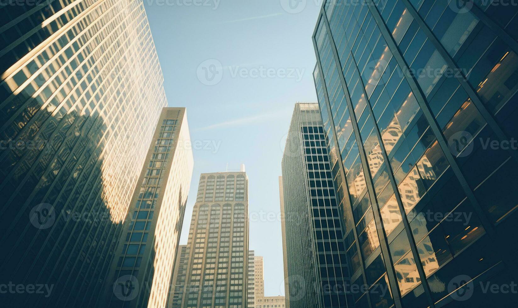 Top-down view of modern skyscrapers, captured on 35mm film. The urban landscape. Created with generative AI tools photo