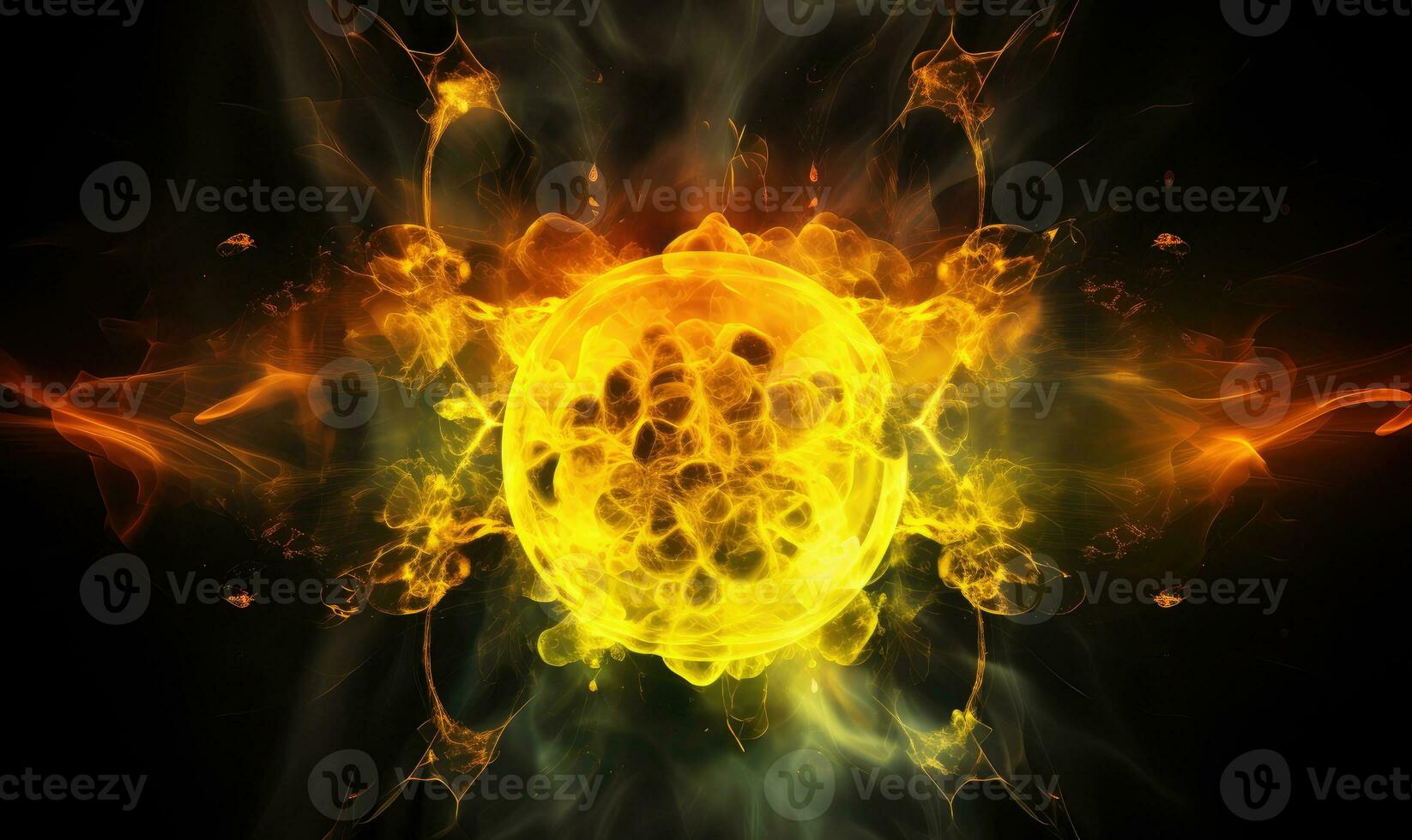 Radioactive an intense yellow fireball radiates against a stark black backdrop. Created by AI photo