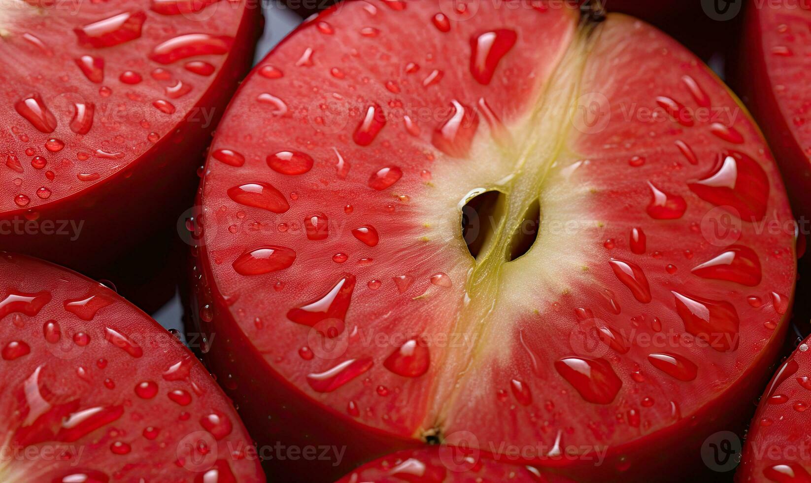 red apples slices. Macro capture of a crisp apple slice water droplets. Nature's freshness. Created by AI tools photo