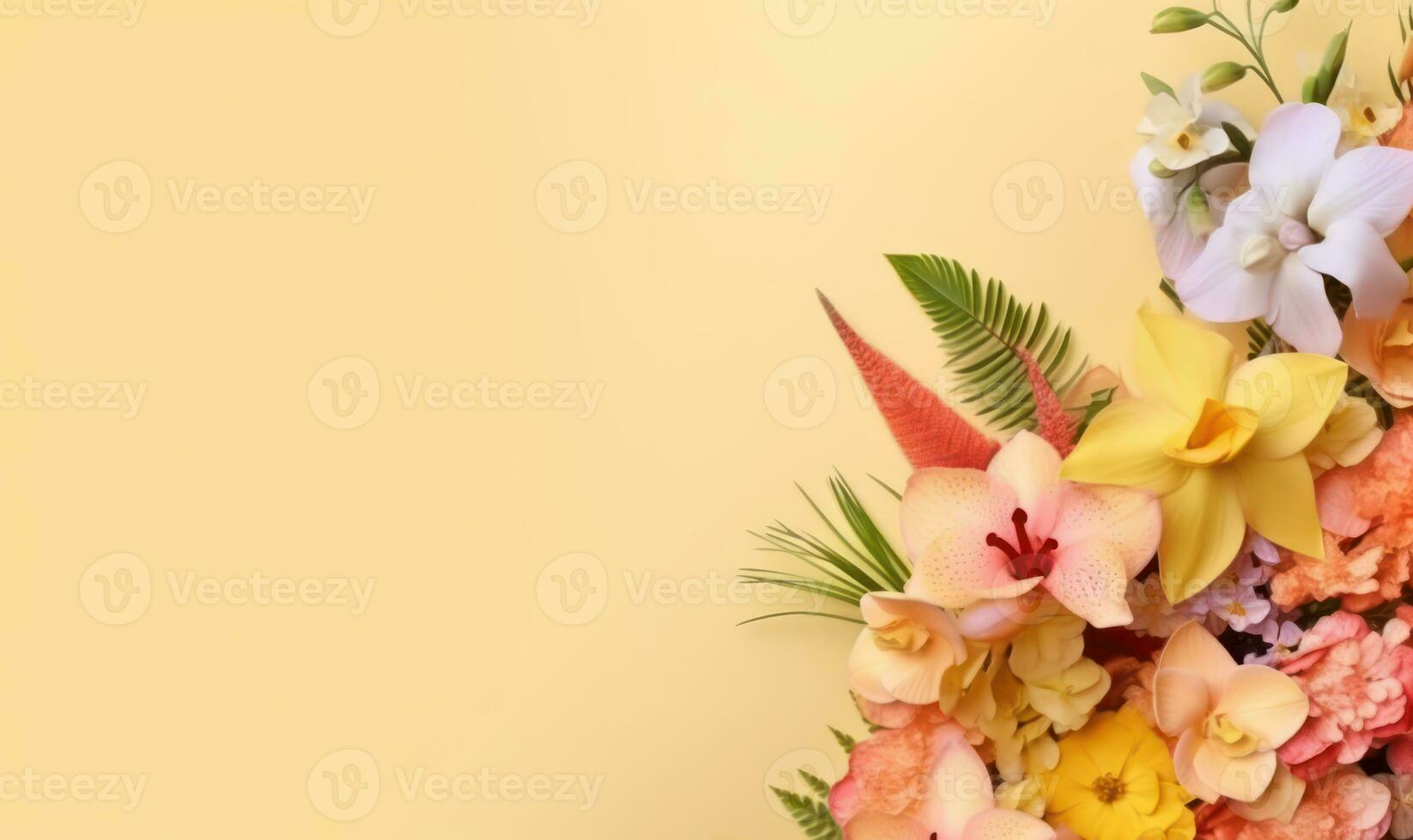 A lily bouquet on a bright yellow background. Empty copyspace. Created by AI tools photo