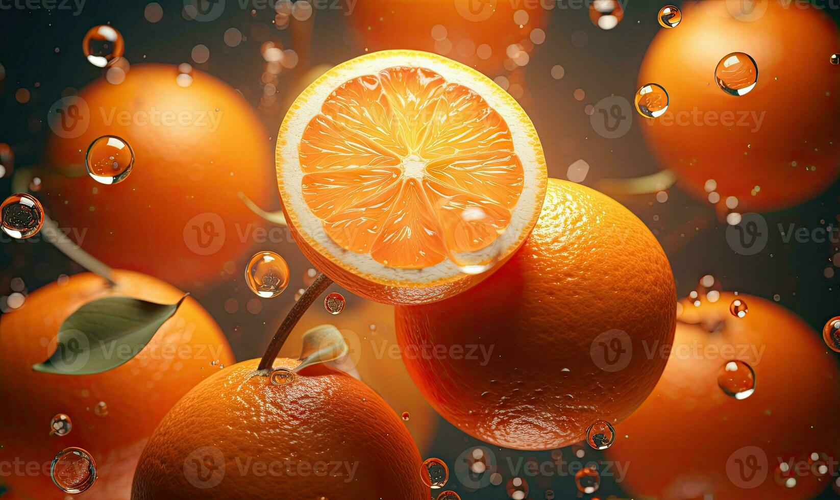 Vibrant oranges float in clear water, illuminated by sunlight. Created by AI photo